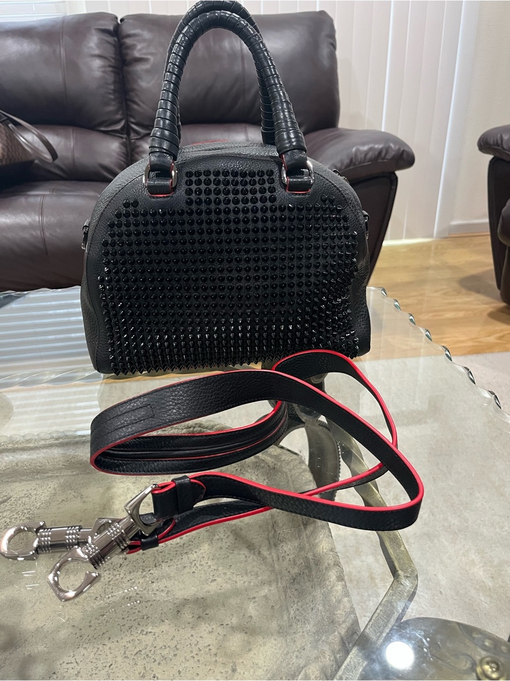 Christian Louboutin Black Dome Studded Crossbody with Red-Trim Strap